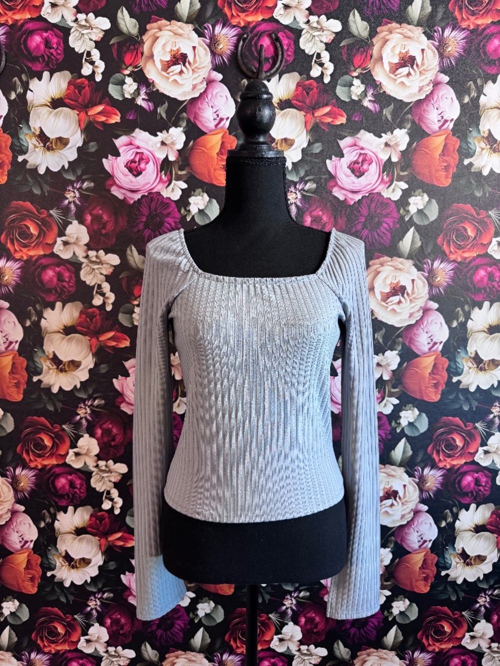 NWT, Madewell Ribbed Fitted Slate Blue Long-Sleeved Top, Off-The-Shoulder, M - Picture 2 of 12